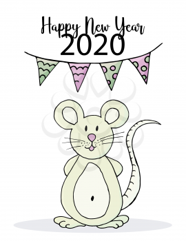 Cute mouse or rat, symbol of 2020. New Year greeting card, flyer, banner, invitation. Vector style, eps 10. Happy new year