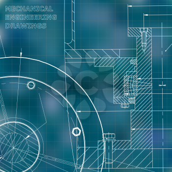 Backgrounds of engineering subjects. Technical illustration. Mechanical engineering. Blue background. Grid