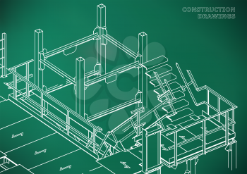 Building. Metal constructions. Volumetric constructions. Light green background