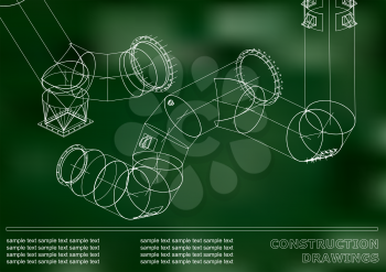 Drawings of steel structures. Pipes and pipe. 3d blueprint of steel structures. Cover, background for your design. Green background