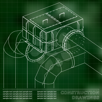 Drawings of steel structures. Pipes and pipe. 3d blueprint of steel structures. Green background. Grid
