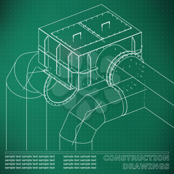 Drawings of steel structures. Pipes and pipe. 3d blueprint of steel structures. Light green background. Points