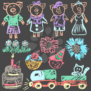 Cute childish drawing with colored chalk on a gray background. Pastel chalk or pencil funny doodle style vector. Piggy girls and boys, train, cake, cupcake, flowers