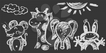 Cute childish drawing with white chalk on blackboard. Pastel chalk or pencil funny doodle style vector. Set of beautiful animals. Mouse, giraffe, elephant, frog