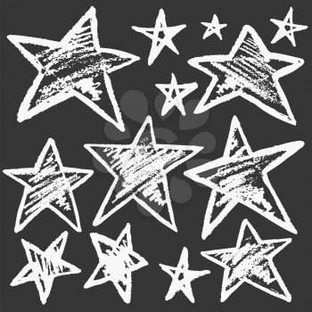 Cute childish drawing with white chalk on blackboard. Pastel chalk or pencil funny doodle style vector. Set of doodle stars