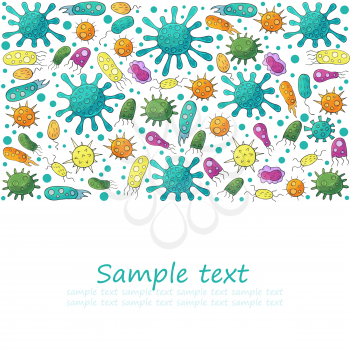 Square flyer, banner. Set of cartoon microbes in hand draw style. Coronavirus, viruses, bacteria, microorganisms