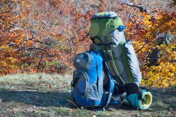 Backpacks on plateau of  the mountain Demerji in Crimea