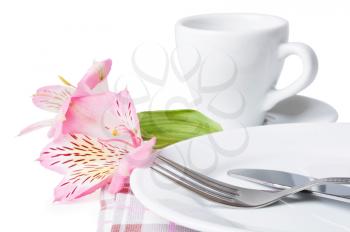 Cup of coffee, flowers and plate on a white background