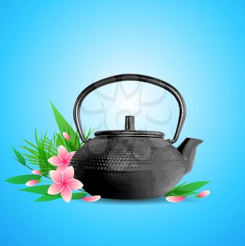 Vector background with pink  tropical flowers, green leaves and teapot