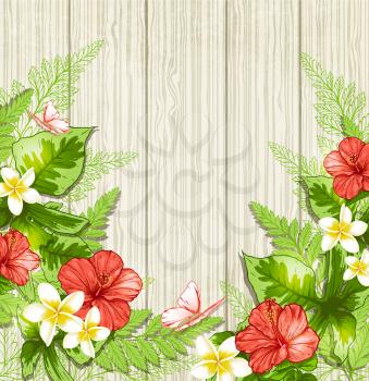 Summer background with red tropical flowers and leaves. Vector illustration.