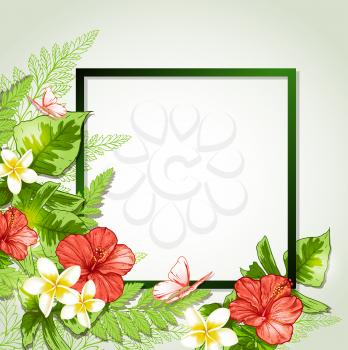 Summer background with red tropical flowers and leaves. Decorative summer floral frame with place for text.