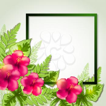 Summer frame with red tropical flowers and leaves. Vector illustration.