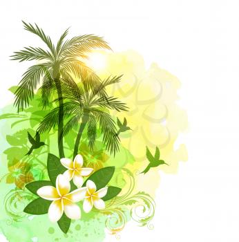 Summer floral vector tropical watercolor background with green palms and flowers. 