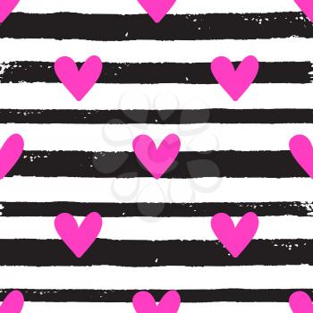 Decorative festive seamless pattern with pink hearts and black lines. Vector background for Valentine's day