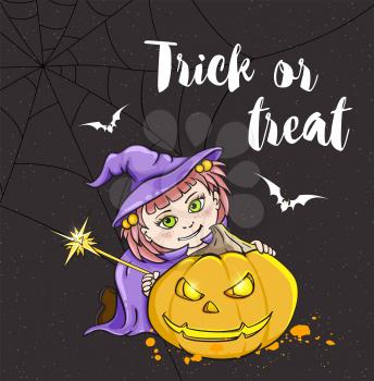 Halloween greeting card with cute little girl in witch costume. Trick or treat lettering. Hand drawn vector illustration. 