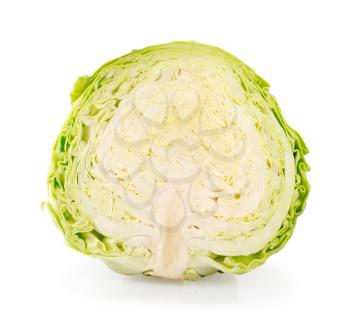 Fresh green half cabbage on a white background. Vegetarian food.