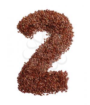 Number 2 made with Linseed also known as flaxseed isolated on white background. Clipping Path included