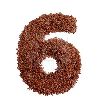 Number 6 made with Linseed also known as flaxseed isolated on white background. Clipping Path included