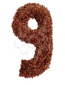 Number 9 made with Linseed also known as flaxseed isolated on white background. Clipping Path included