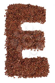 Letter E made with Linseed also known as flaxseed isolated on white background. Clipping Path included