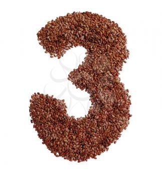 Number 3 made with Linseed also known as flaxseed isolated on white background. Clipping Path included