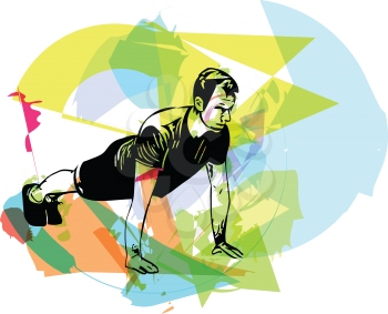 Active young man doing push-ups in gym vector illustration