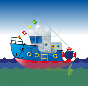 comic drawing of a ship sailing on the waves with raised flags