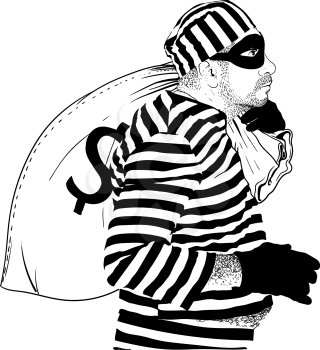 comic character thief in a striped prisoner robe and black mask on his face stole a big sack of dollars