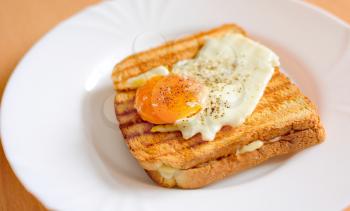 Ham and cheese toast with fried egg on top.