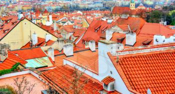 Aerial view of the typical red tiled roofs in Old Town Prague.