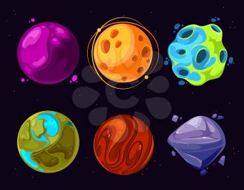 Space planets, asteroid, moon, fantastic world game vector cartoon icons. Color asteroid and planet, illustration fantastic universe with cartoon planets