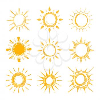 Shining bright hand drawn happy sun vector set. Creative sunny bright, illustration of morning simple sunny energy