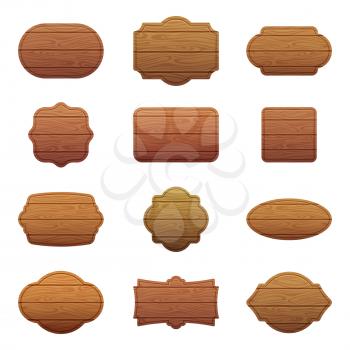 Illustration set of different shapes with wooden texture. Empty vector banners with place for your text. Empty wood board, wooden banner frame signboard