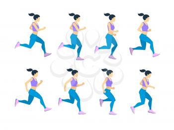 Running girl young female athlete in tracksuit. Vector set of animation frames. Character athlete woman run, illustration of runner cartoon woman