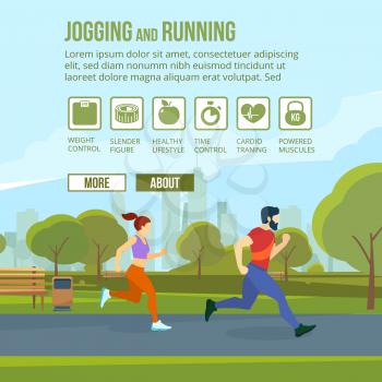 Infographic set with runners and training elements. Fitness man and woman. Outdoor exercises, jogging and running. Vector illustration with place for your text