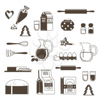 Food ingredients for baking and cooking. Monochrome vector illustration isolate on white. Ingredient icon to cooking baking, flour and sugar