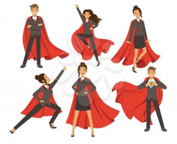Businesswoman in action poses. Female superhero flying. Vector illustrations in cartoon style. Business woman super hero and person strong leader lady