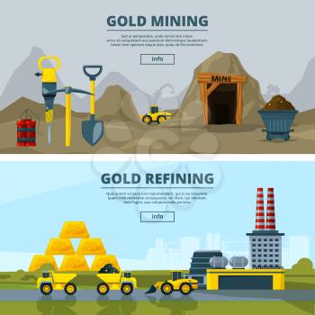 Vector banners set with illustrations of mining industry. Coal mine mineral, gold extraction and mining