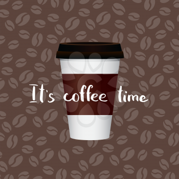 Vector coffee in paper cup with lettering on coffee beans background illustration. Banner with cup paper coffee