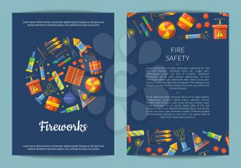 Vector cartoon pyrotechnics card, flyer or brochure template for firework entertainment company or party illustration