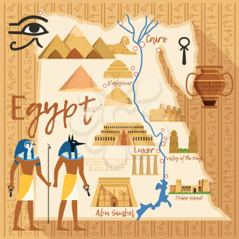Stylized Map of Egypt with different cultural objects and landmarks. Egypt map travel with ancient landmark sphinx and pyramid. Vector illustration