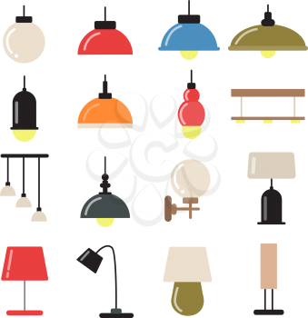 Interior decoration with modern lamps and chandeliers. Vector symbols of light lamp table and wall for home interior illustration