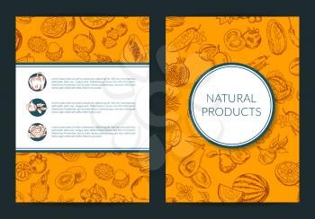Vector doodle handdrawn fruits and vegetables vegan, healthy food card, brochure, flyer template. Illustration of banner hand drawn