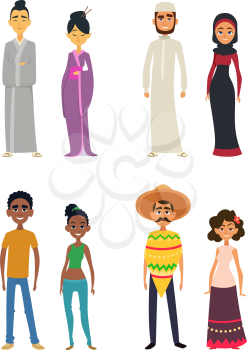 Worldwide group of international peoples in cartoon style. Vector arabic and african, mexican and japanese illustration