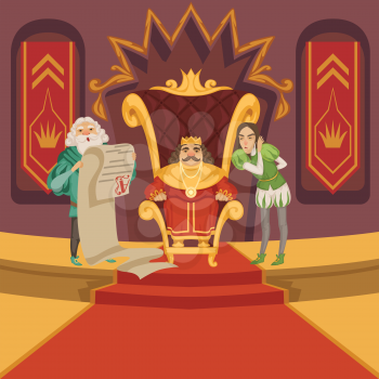 King on the throne and his retinue. Cartoon characters set. Vector king on throne in golden crown illustration