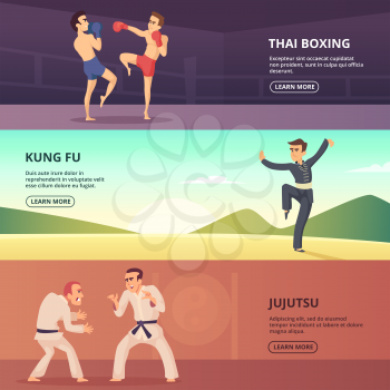 Horizontal banners with martial characters. Fighter thai boxing and kung fu, jujutsu sport, vector illustration