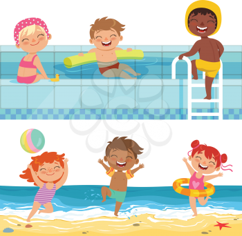 Summer water games in aquapark. Cartoon illustrations of funny kids. Children on beach and swim pool vector