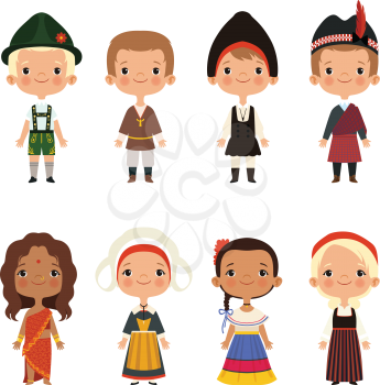 Kids of different nationalities. Vector children boy and girl ethnic traditional costume illustration