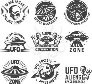 Monochrome labels or badges with pictures of aliens, ufo and space. Emblem with shuttle alien, new civilization exploration. Vector illustration