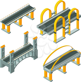 Bridge isometric. City expressway roadway cabling urban auto infrastructure viaduct 3d vector low poly collection. Illustration of bridge road architecture isometric, highway for transportation